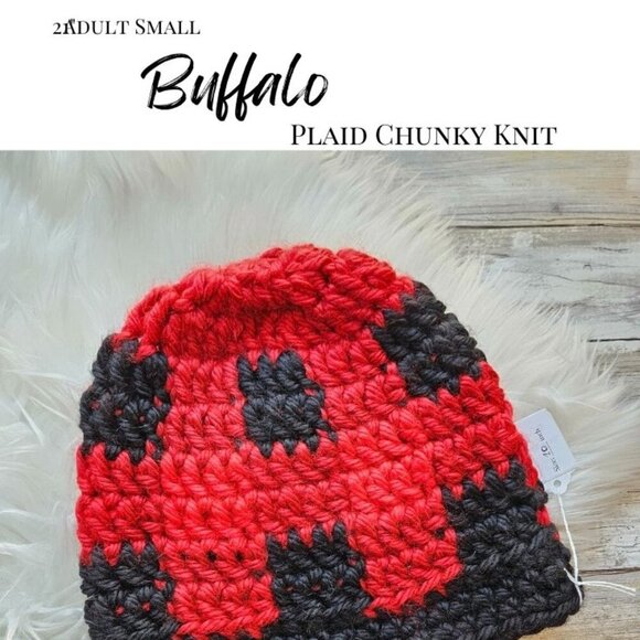 Classic Chunky Knit Hat from Cotton N Kandi on Etsy- 21" Adult Small- Red Plaid - Picture 2 of 2